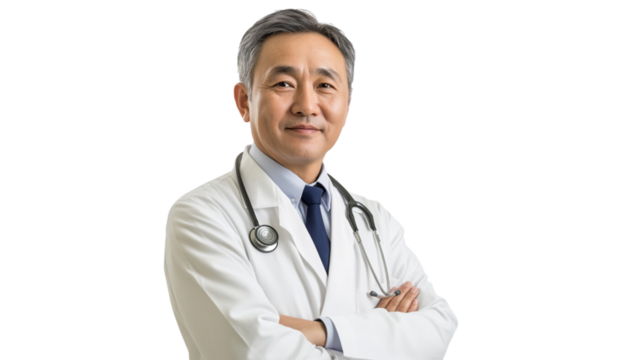 Portrait of a senior Asian male doctor on transparent background.