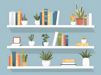 Simple Illustration of Bookshelves with Plants - Powered by Adobe