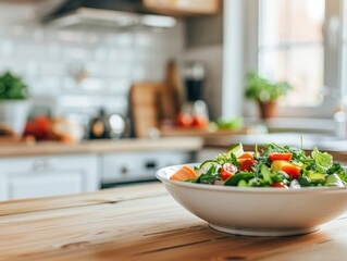 A fresh, vibrant salad in a white bowl on a wooden kitchen counter. The kitchen is blurred in the background.