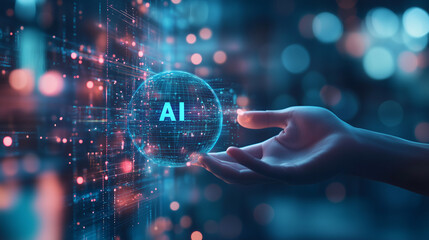 Fototapeta premium Hand reaching towards a digital AI globe surrounded by interconnected data streams. Conceptual representation of artificial intelligence and technology in a digital environment.