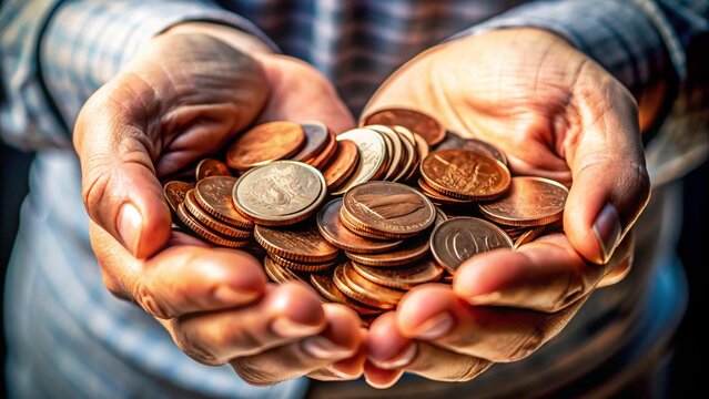 Hands Holding a Pile of Coins