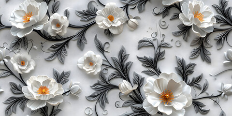 Seamless Elegant 3D Floral Wallpaper Design in White, Gold Flower, and Black Leaves with Sculpted Aesthetic on a Pristine Background. Seamless Tile Flower Wall Sticker