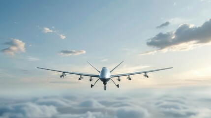 Obraz premium A small plane is flying through the sky with clouds in the background