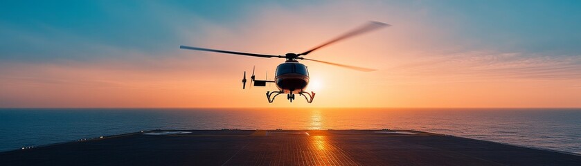 Fototapeta na wymiar A helicopter hovers gracefully at sunset, casting dramatic shadows on the deck, overlooking the serene ocean.