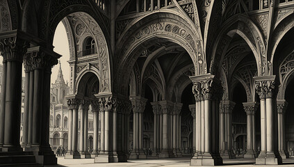 Vintage Renaissance greyscale black and white architecture columns arches castle church