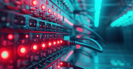 Fototapeta premium Close up of illuminated server rack with glowing lights and cables against a dark background