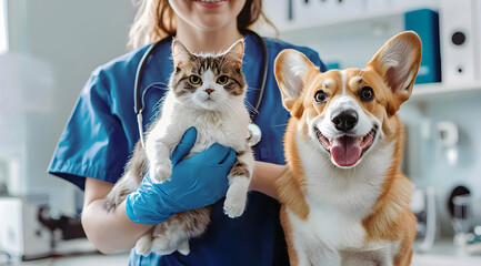A happy veterinarian with a corgi and a cat in a clinic room,for a pet health care advertising concept.
