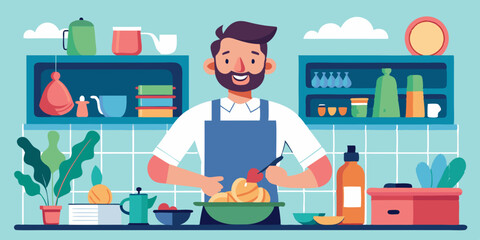 Happy man in the process of preparing a dish. Cooking as a routine or hobby. The cook is in the kitchen. Vector illustration
