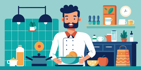 Happy man in the process of preparing a dish. Cooking as a routine or hobby. The cook is in the kitchen. Vector illustration
