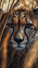 Obraz premium Close-up Photography of Cheetah Face with Savannah Grass
