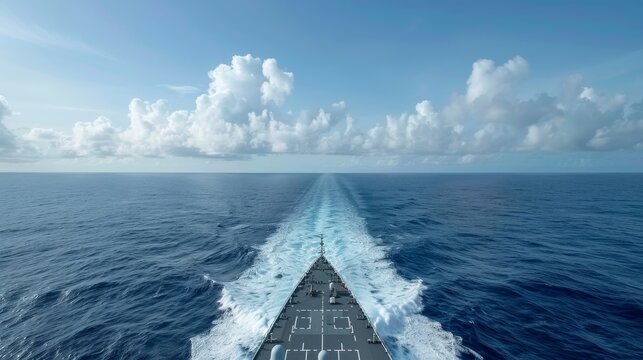 A large navy ship is sailing through the ocean