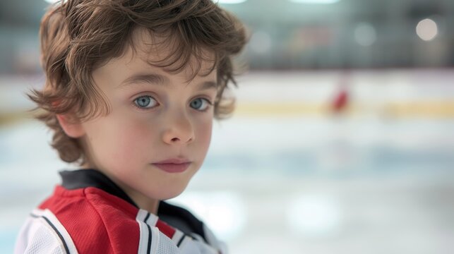 A young boy with curly hair standing on an ice rink, wearing a hockey jersey, looking directly at the camera.