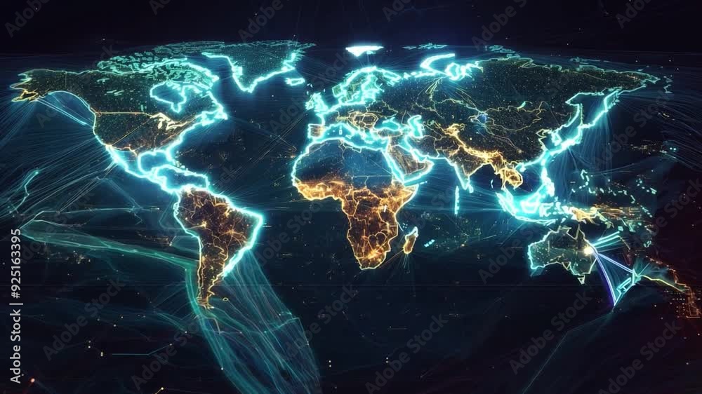 Poster a digital map visualizing global navigation routes with bright neon lines connecting continents and 