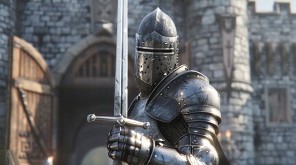 man with medieval armorial shield holding a sword in a castle