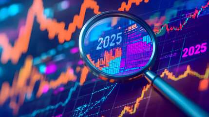 Futuristic Financial Market Analysis with Tech Powered Insights and Predictions for 2025  Magnifying glass over market data charts and analytics for strategic planning and informed decision making
