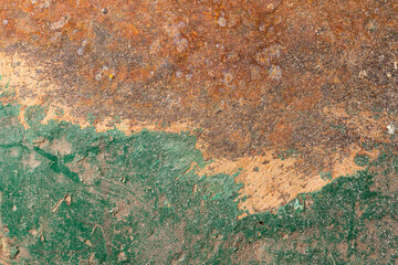 The texture of metal coated with green paint and rust