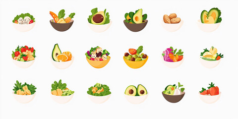 A set of healthy food icons, featuring salad, avocado