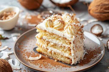 Delicious coconut cake decorated with cream and toasted coconut flakes being served on plate