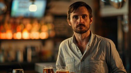 A man stands at the bar, holding drinks and engaging in conversation amidst a warm, inviting ambiance