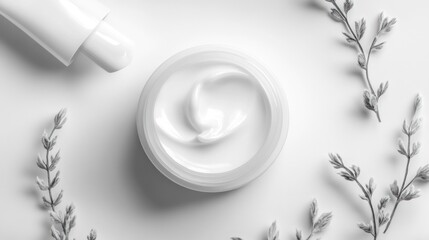 White Cosmetic Cream Jar with Sprigs of Greenery