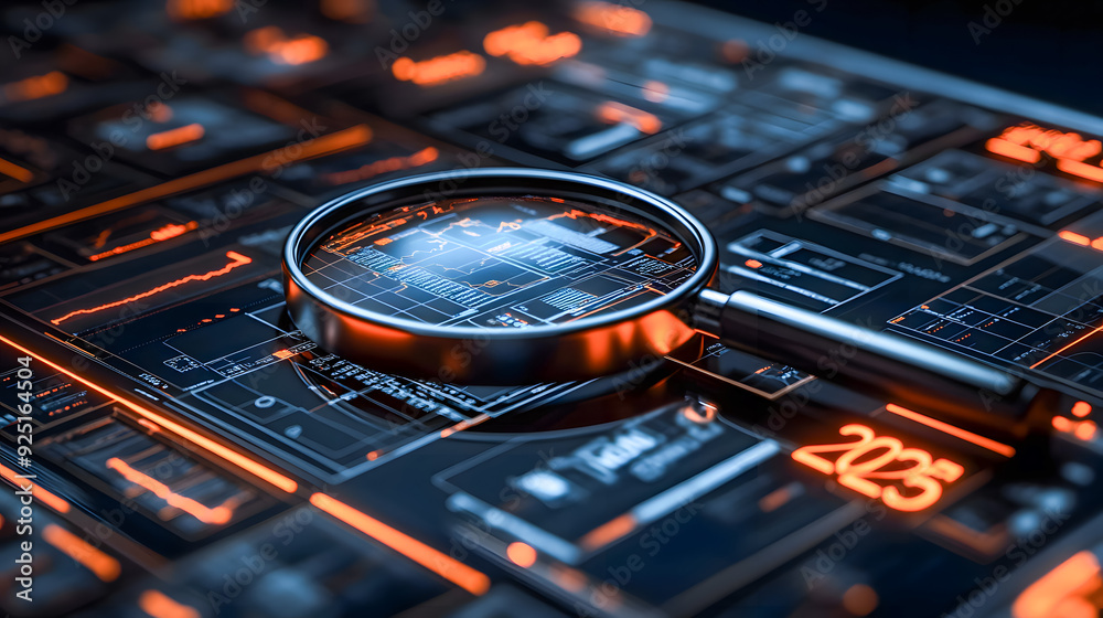 Poster futuristic digital interface with abstract data and technology elements on dark display digital tech