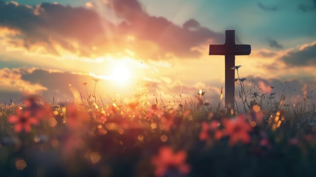Cross in a sunlit autumn meadow at dawn, embodying the spiritual significance and tranquility of Ascension Day
