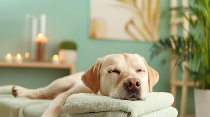 Relaxed dog enjoying a massage in a pet spa, with soft towels and calming decor in the background