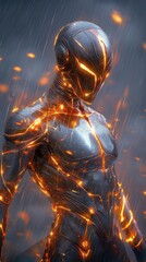 Scorpio with metallic armor, glowing with red energy in a dark, stormy night