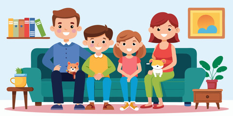 Happy family is sitting on the couch. Mom, dad, daughter, son and pets at home, against the background of the room
