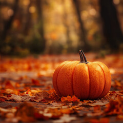 A pumpkin rests on a bed of autumn leaves in a forest, with a warm, defocused background, evoking a fall season concept