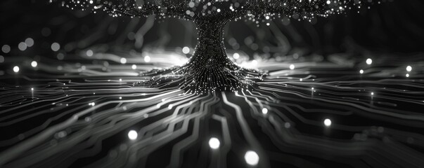 Artificial intelligence tree with glowing circuits and digital connections