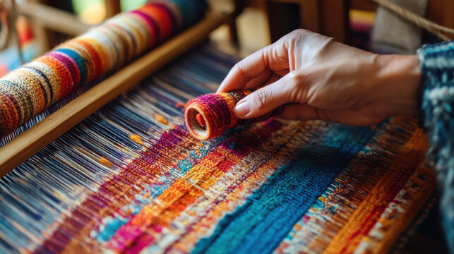Detail of a hand weaving loom with colorful fabric being crafted by a skilled weaver