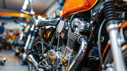 Obraz premium Close-up of a motorcycle engine at a workshop