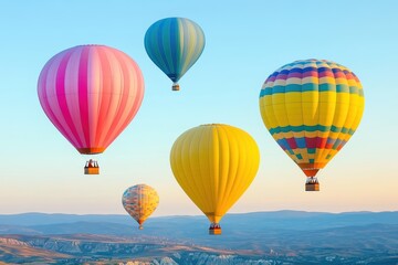 Fototapeta premium Colorful hot air balloons floating over a scenic landscape at sunrise, creating a serene and vibrant atmosphere.