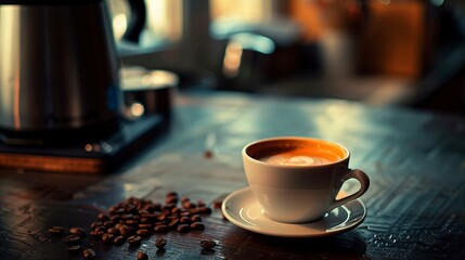 A photo of a freshly brewed cup of coffee on a table, with a coffee pot and beans in the background, photostock style,generative ai