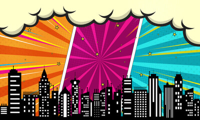 comic cartoon background with clouds and city silhouette
