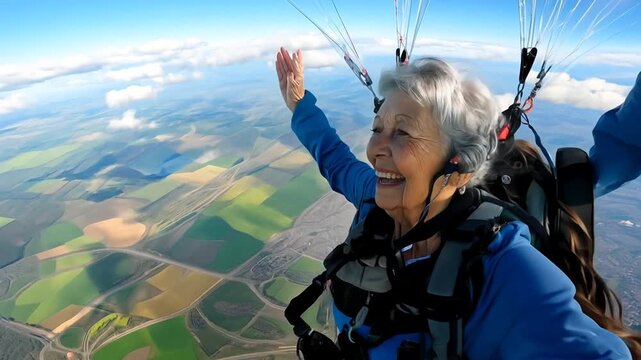 Grandma Skydiving Over Green Fields on a Sunny Day Generative AI