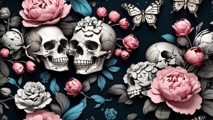 Skulls with Peonies and Butterflies