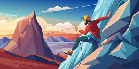 Rock climbing. A male climber climbs a steep cliff against a mountain landscape. Extreme sport
