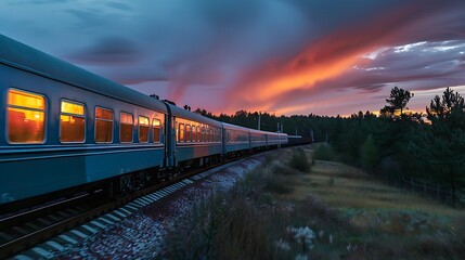 At dusk a fast tourist train is moving along the railway