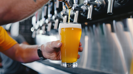 Bartender pouring a fresh pint of craft beer into a branded glass at a brewery taproom