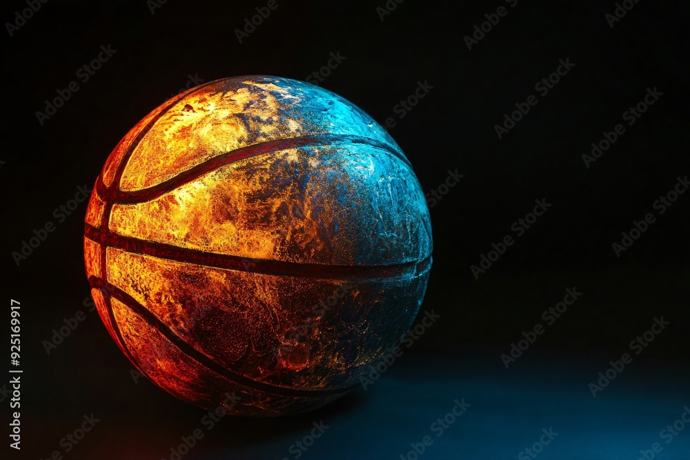 Wall mural basketball ball is standing on a dark background illuminated with orange and blue lights