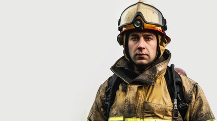 A firefighter with a neutral expression, in full rescue gear including a helmet, air tank, and uniform, symbolizing the somber and serious nature of emergency response services.