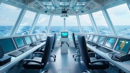 A futuristic control room with a large window overlooking the ocean