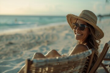A woman in a wide-brimmed straw hat reclines on a vacation chair at a sandy beach, enjoying the ocean breeze and tranquil atmosphere with a picturesque seascape background.