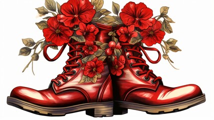 This artistic image illustrates a pair of red boots with vibrant red flowers blooming from within them, symbolizing growth and creativity merging with fashion.