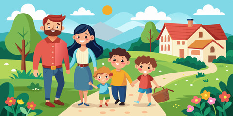 Happy family walks in nature. Mom, dad, daughter and son are actively resting in the village. Parents and children on the background of the summer landscape
