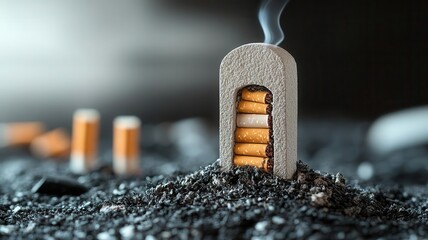 Cigarette ash forming the shape of a tombstone, delivering a powerful message about smoking-related deaths, Smoking mortality, Anti-smoking awareness