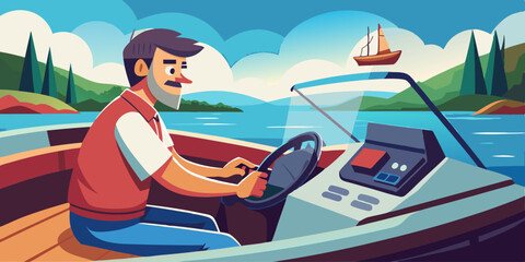 Boat trip. Recreation. The man controls the boat. Vector illustr
