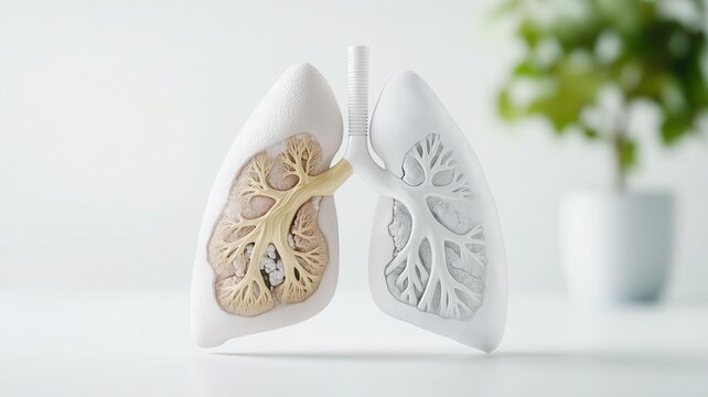 Side-by-side comparison of a healthy lung and a lung with advanced COPD, highlighting structural damage and reduced capacity, medical education